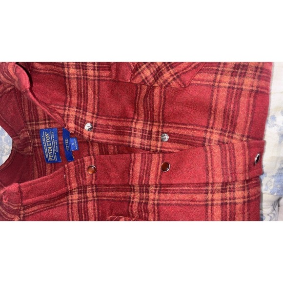 Pendleton Epic 100% Wool Long Sleeve Pearl Snap Plaid Shirt S Tan /Red Wms - Picture 5 of 5